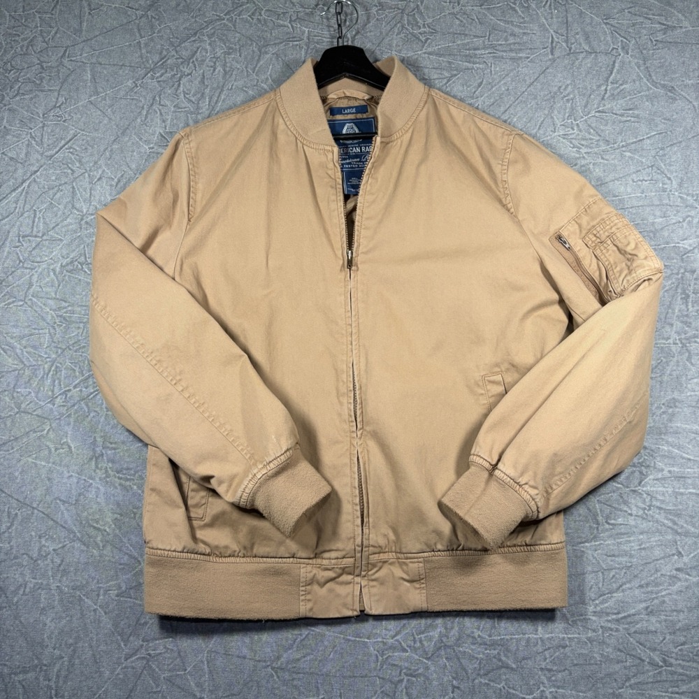 American Rag Bomber Jacket Mens Large Tan Khaki Full Zip Cotton Utility Casual
